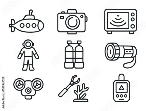 Underwater Exploration Icons. Outline icon set of underwater exploration equipment: submarine, underwater
