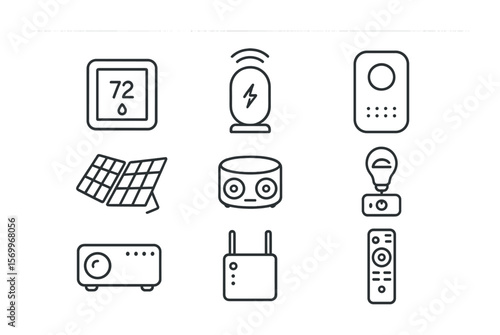 Tiny Home Tech Icons. Outline icon set of tiny home living technology: smart thermostats, wireless chargers,