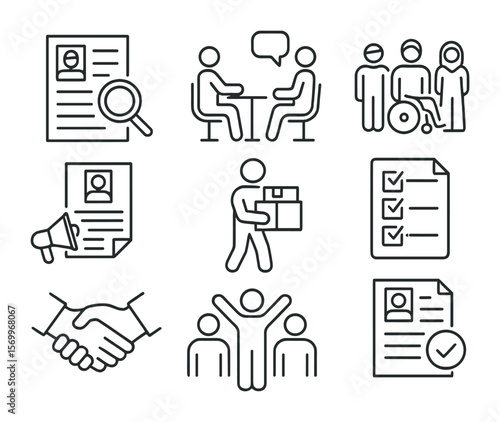 Inclusive Hiring Icons. Outline icon set of inclusive hiring practices: resume review, interview, candidate