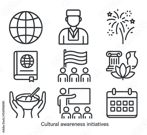 Cultural Awareness Icons. Outline icon set of cultural awareness initiatives: globe, traditional clothing,