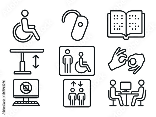 Accessibility Icon Set. Outline icon set of accessibility at work: wheelchair, hearing aid, braille book,