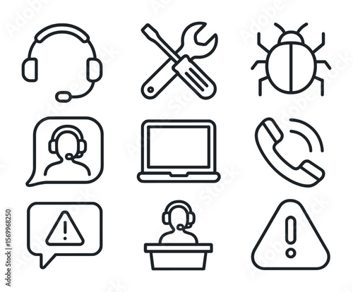 Virtual Event Support Icons. Outline icon set of tech support for virtual events: headset, wrench, screwdriver