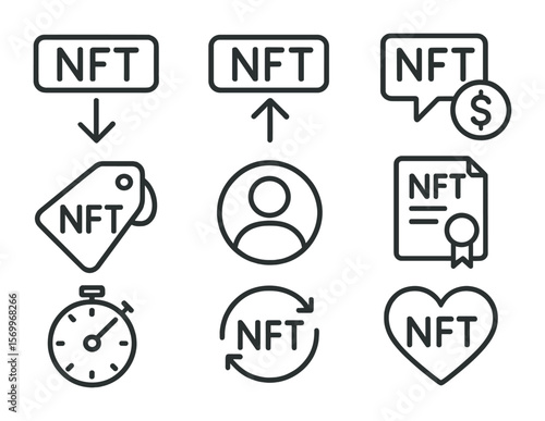 NFT Icon Set. Outline icon set of NFT marketplace features: buy button, sell button, bid offer, price tag,
