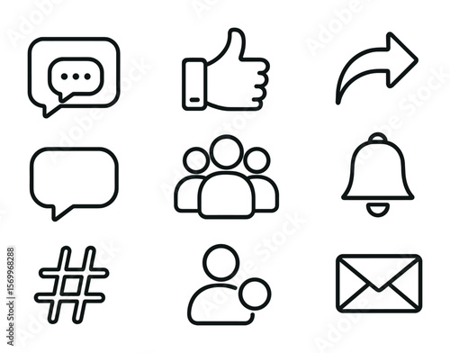 Social NFT Icon Set. Outline icon set of NFT community and social: chat bubbles, like button, share arrow,