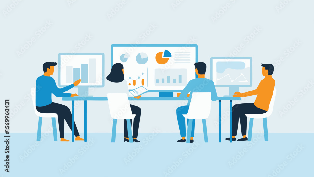 People collaborating at a table with computers displaying charts and graphs for data analysis and review People collaborating at a table with computers displaying charts and graphs for data analysis and review