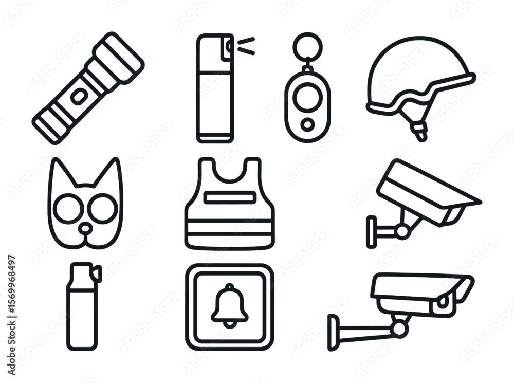 Obraz premium Self-Defense Icon Set. Outline icon set of self-defense tools: tactical flashlight, pepper spray, personal
