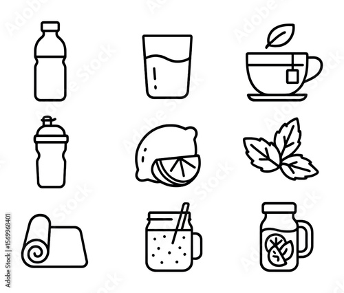 Hydration and Wellness Icons. Outline icon set of hydration and wellness: water bottle, glass of water, herbal