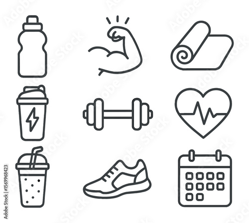 Fitness Icon Set. Outline icon set of fitness motivation and health: water bottle, motivational quote, yoga
