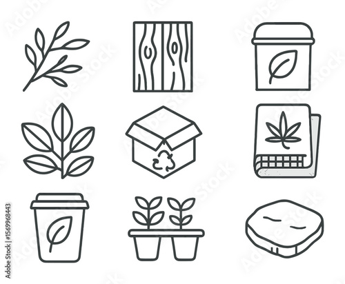 Nature Icon Set. Outline icon set of nature-inspired design: tree branch, wooden floorboard, eco paint can,