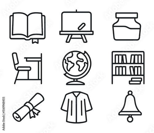 Learning System Icon Set. Outline icon set of learning system history: ancient book, blackboard chalk, ink