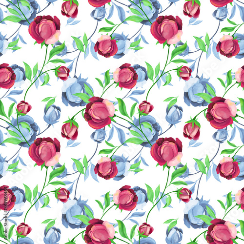 Hand drawn oil painting pink roses seamless pattern. Blue shade flower silhouettes on white background.