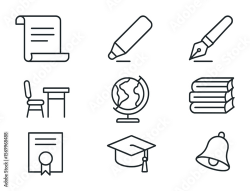 Education Evolution Icons. Outline icon set of evolution of education systems: parchment scroll, chalk, ink