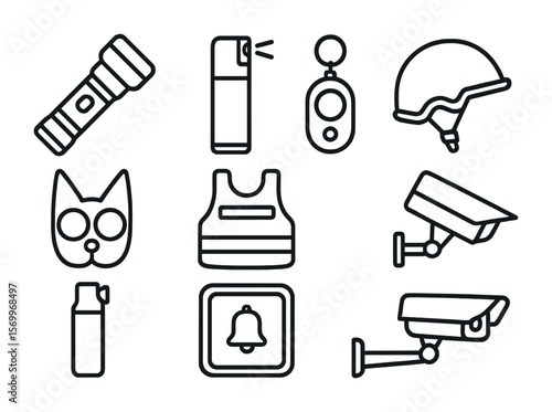 Self-Defense Icon Set. Outline icon set of self-defense tools: tactical flashlight, pepper spray, personal