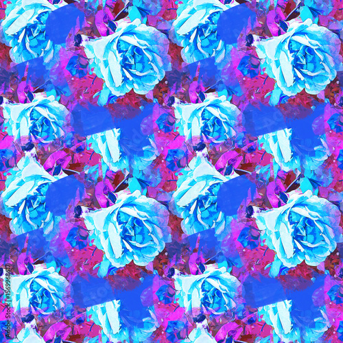 A seamless pattern of hand-painted watercolor pink roses on a blue background, perfect for elegant fabric, wallpaper and stationery designs. Abstract and brush-painted roses