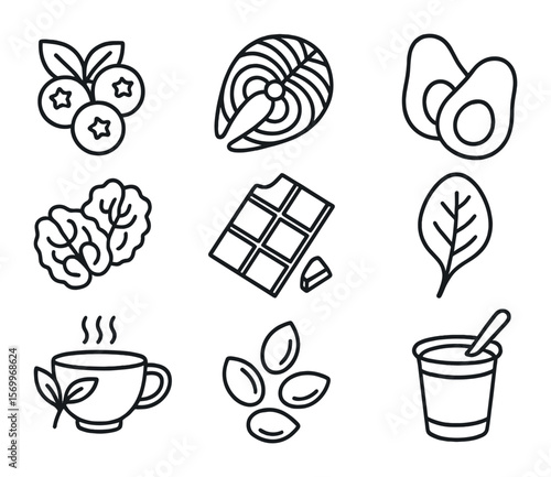 Brain Food Icons. Outline icon set of brain food essentials: blueberries, salmon, avocado, walnuts, dark