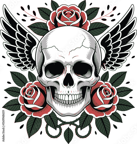 Skull with roses and wings black