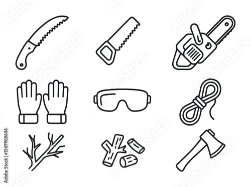 Tree Care Icon Set. Outline icon set of tree care equipment: pruning saw, hand saw, chainsaw, gloves, safety