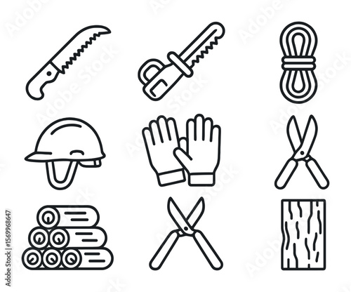 Tree Maintenance Icons. Outline icon set of tree maintenance tools: pruning saw, hedge trimmer, rope, helmet,
