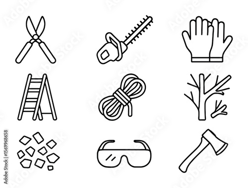Garden Care Icons. Outline icon set of garden tree care: pruning shears, hedge trimmer, gloves, ladder, rope,