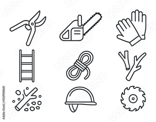 Tree Care Icons. Outline icon set of seasonal tree trimming: pruning shears, chainsaw, gloves, ladder, rope,
