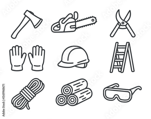 Tree Cutting Tools Icons. Outline icon set of tree cutting tools: axe, chainsaw, pruning shears, gloves,