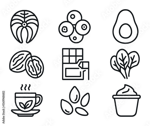 Natural Mood Boosters. Outline icon set of natural mood boosters: salmon, blueberries, avocado, walnuts, dark