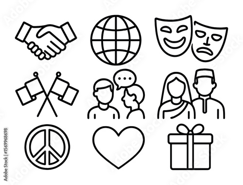 Cultural Exchange Icons. Outline icon set of cultural exchange and friendship: handshake, globe, cultural