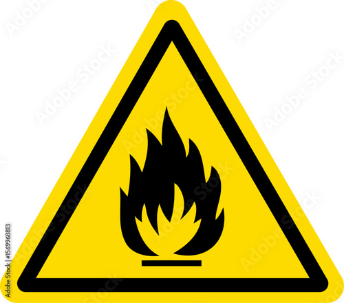 Flammable material warning vector icon with black flame inside yellow triangle, safety hazard sign for fire, chemicals and industrial danger design
