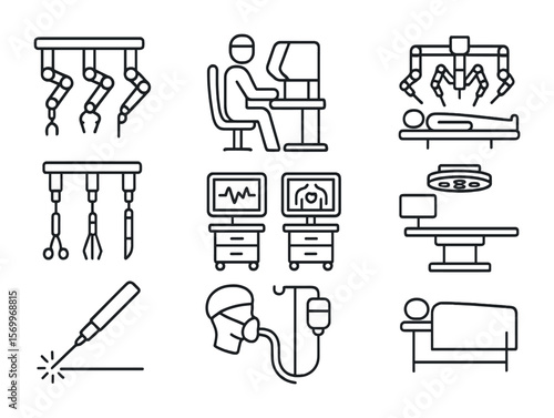 Robotic Surgery Icons. Outline icon set of robotic surgical systems: robotic arms, surgeon console, patient on