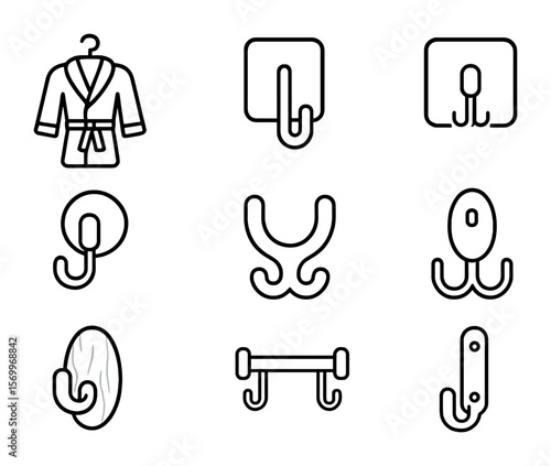 Modern Hook Icons. Outline icon set of robe and towel hooks: bathrobe hook, wall hook, adhesive hook, suction