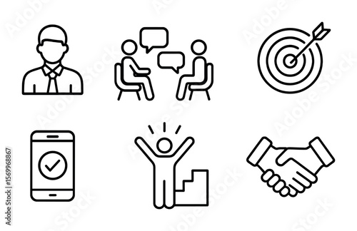 Coaching Icons Set. Outline vector icons of professional coaching: personal coach, coaching session, growth