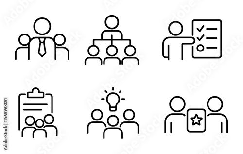 Team Management Icons. Outline vector icons of team management: team leader, roles chart, task delegation,