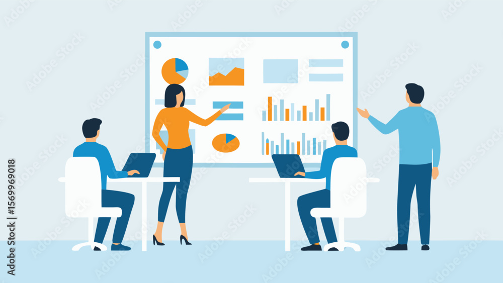 Woman presenting charts and data to colleagues sitting at desks with laptops in a meeting room setting Woman presenting charts and data to colleagues sitting at desks with laptops in a meeting room setting