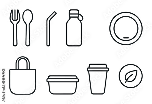 Eco-Friendly Product Icons. Outline vector icons of plastic alternatives: bamboo cutlery, paper straw, metal