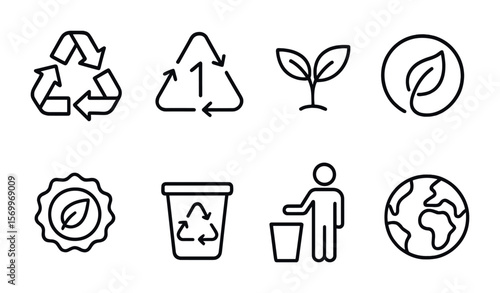Eco-Friendly Icon Set. Outline vector icons of recycling symbols: triangle arrows, number codes, eco mark,