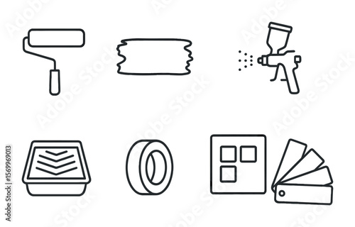 Painting Technique Icons. Outline vector icons of painting techniques: paint roller, brush stroke, sponge
