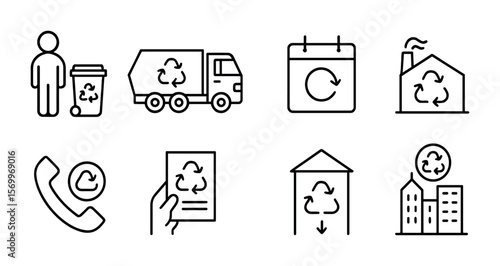 Municipal Recycling Icons. Outline vector icons of municipal recycling support: curbside pickup, recycling