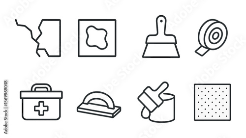 Wall Repair Icons. Outline vector icons of wall repair process: cracked wall, plaster patch, putty knife,