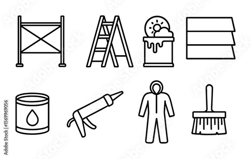 Exterior Painting Icons. Outline vector icons of exterior painting: scaffold, outdoor ladder, weatherproof