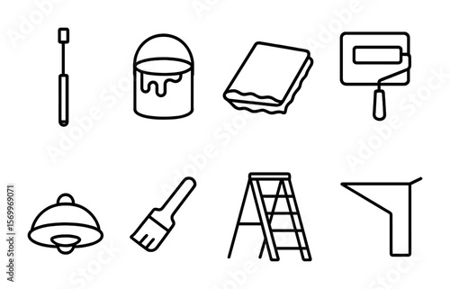 Ceiling Painting Tools. Outline vector icons of ceiling painting: extension pole, ceiling paint, drop cloth,