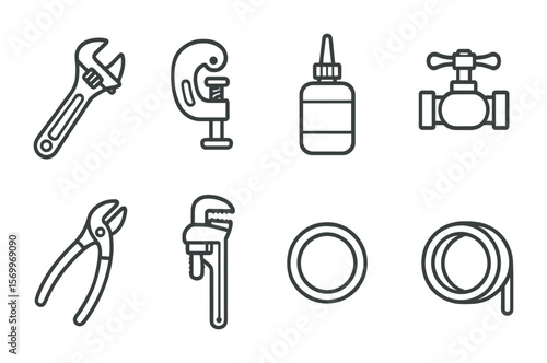 Bathroom Plumbing Tools Icons. Outline vector icons of bathroom plumbing tools: adjustable wrench, pipe cutter