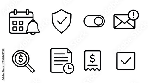 Insurance Renewal Icons. Outline vector icons of insurance renewal process: calendar reminder, new policy,