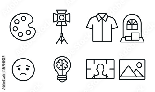 Visual Storytelling Icons. Outline vector icons of visual storytelling: color palette, lighting rig, costume