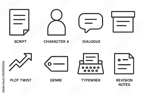 Screenwriting Tools Icons. Outline vector icons of screenwriting tools: script format, character arc, dialogue