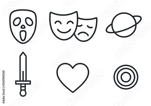 Film Genre Icons. Outline vector icons of film genres: horror mask, comedy smile, drama mask, sci-fi planet,