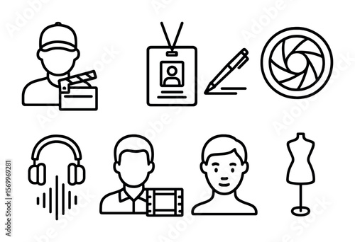 Production Role Icons. Outline vector icons of production roles: director icon, producer badge, screenwriter