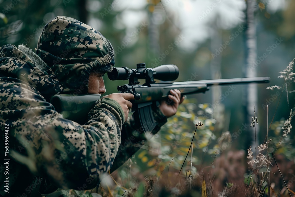 Fototapeta premium Hunter wearing camouflage clothing aiming with sniper rifle in forest during hunting season