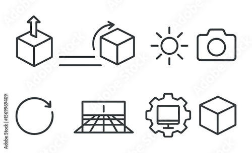 3D Animation Tools Icons. Outline vector icons of 3D logo animation: extrusion tool, rotation axis, depth
