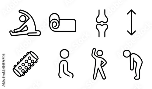 Flexibility Icons Set. Outline vector icons of flexibility and mobility: stretching pose, yoga mat, joint