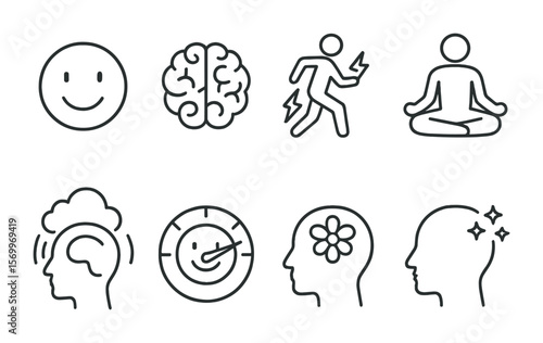 Mental Health Icons. Outline vector icons of mental health and exercise: happy face, brain icon, endorphin